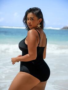 Swim Lushoire Plus Size One Piece Tummy Slimming Solid Color Swimsuit Summer - Black - View 2