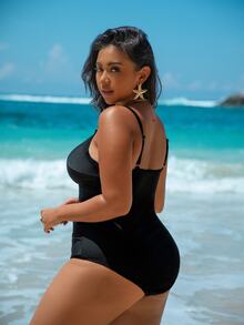 Swim Lushoire Plus Size One Piece Tummy Slimming Solid Color Swimsuit Summer - Black - View 8