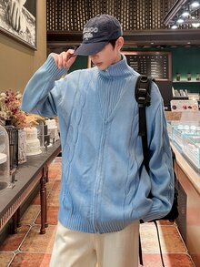 Claim Dot 男士扭結針織立領寬鬆開衫 - 藍色 - 查看 4