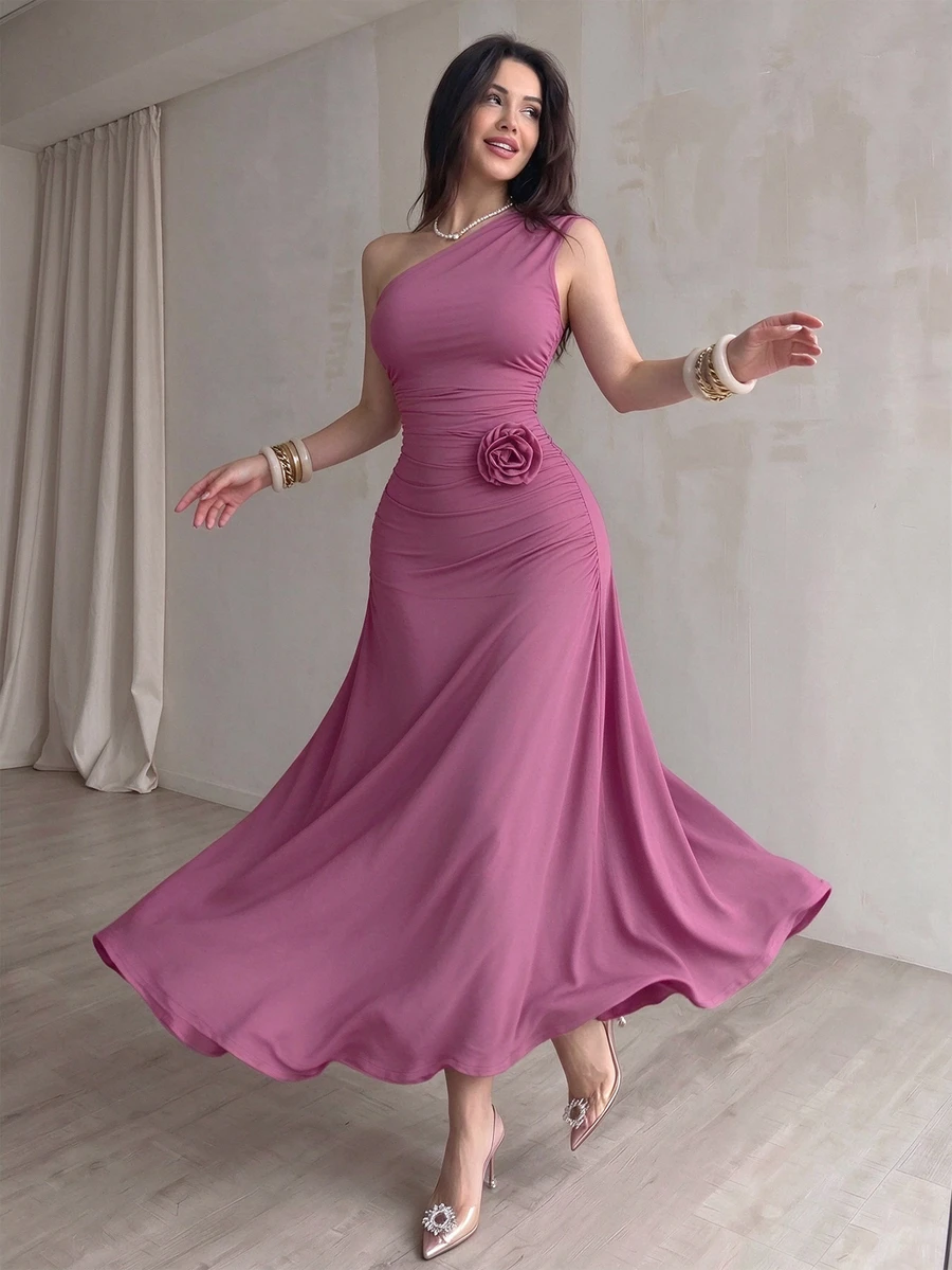 Modelyn 1件女士无袖褶皱修身连衣裙,纯色 - Bold Plum - 查看 1