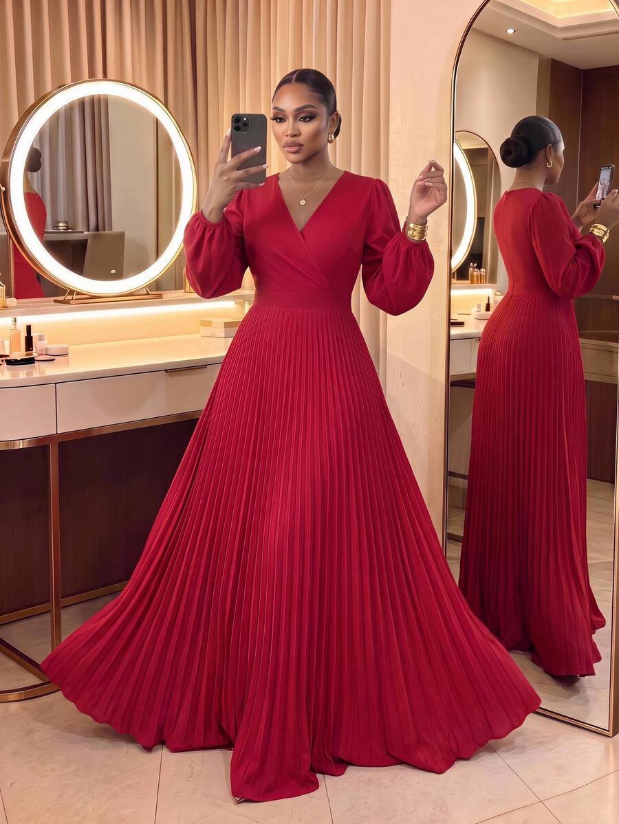 SHEIN Lady CURVE فستان سهرة أنيق مطوي برقبة على شكل حرف V بمقاسات كبيرة لعيد الميلاد - الأحمر - مشاهدة 1