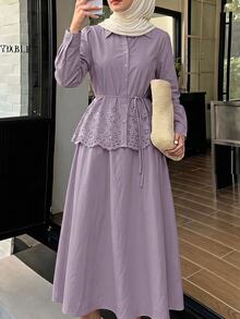 Solavon 女款純色鏤空設計長袖單排扣襯衫與裙子休閒端莊兩件套，適合早午餐、花園茶會，藕紫色，夏季 - 紫色 - 查看 2