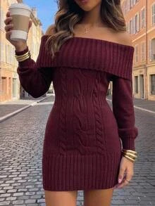Aloruh Women's Elegant Solid Color Off-Shoulder Burgundy Knit Dress, Autumn/Winter Knit Sweater Dress,Going Out Dress,Christmas Outfits For Women - Burgundy - View 1