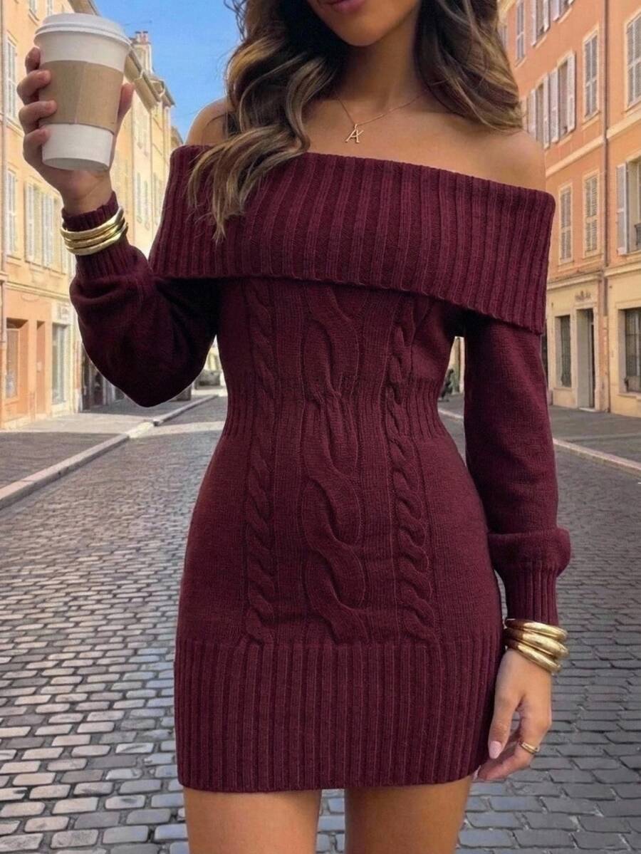 Aloruh Women's Elegant Solid Color Off-Shoulder Burgundy Knit Dress, Autumn/Winter Knit Sweater Dress,Going Out Dress,Christmas Outfits For Women - Burgundy - View 1