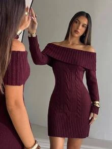 Aloruh Women's Elegant Solid Color Off-Shoulder Burgundy Knit Dress, Autumn/Winter Knit Sweater Dress,Going Out Dress,Christmas Outfits For Women - Burgundy - View 3