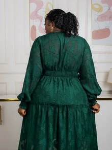 CurvyTilda 優雅大尺碼深V領深綠色長版A字洋裝，半透明超長喇叭袖，伴娘晚宴正式冬季禮服 - 墨綠色 - 查看 4