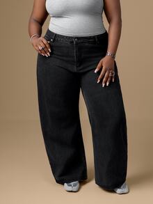 CurvyTilda Plus Size Wide Leg Denim Jeans Winter Everyday Flattering Core Denim - Black - View 2