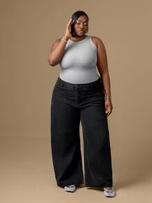 CurvyTilda Plus Size Wide Leg Denim Jeans Winter Everyday Flattering Core Denim - Black - View 1