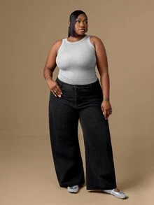 CurvyTilda Plus Size Wide Leg Denim Jeans Winter Everyday Flattering Core Denim - Black - View 3