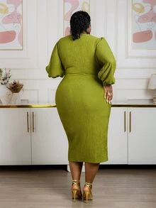 CurvyTilda Plus Size Women Olive Green, Fall Winter, Elegant, V-Neck Asymmetrical Cross Hem Puff Sleeves Slit Texture Fabric Fall Wedding Guest Dress - Olive Green - View 4