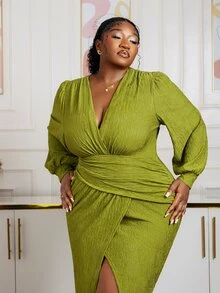 CurvyTilda Plus Size Women Olive Green, Fall Winter, Elegant, V-Neck Asymmetrical Cross Hem Puff Sleeves Slit Texture Fabric Fall Wedding Guest Dress - Olive Green - View 2