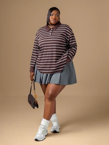 CurvyTilda Plus Size Casual Loose Striped Long Sleeve T-Shirt, Spring/Autumn Preppy Tops Striped Shirt Coffee Shirt Brown Shirts For Women Fall - Multicolor - View 2