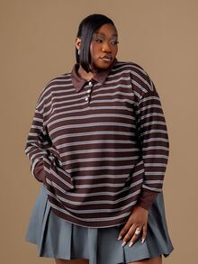 CurvyTilda Plus Size Casual Loose Striped Long Sleeve T-Shirt, Spring/Autumn Preppy Tops Striped Shirt Coffee Shirt Brown Shirts For Women Fall - Multicolor - View 1