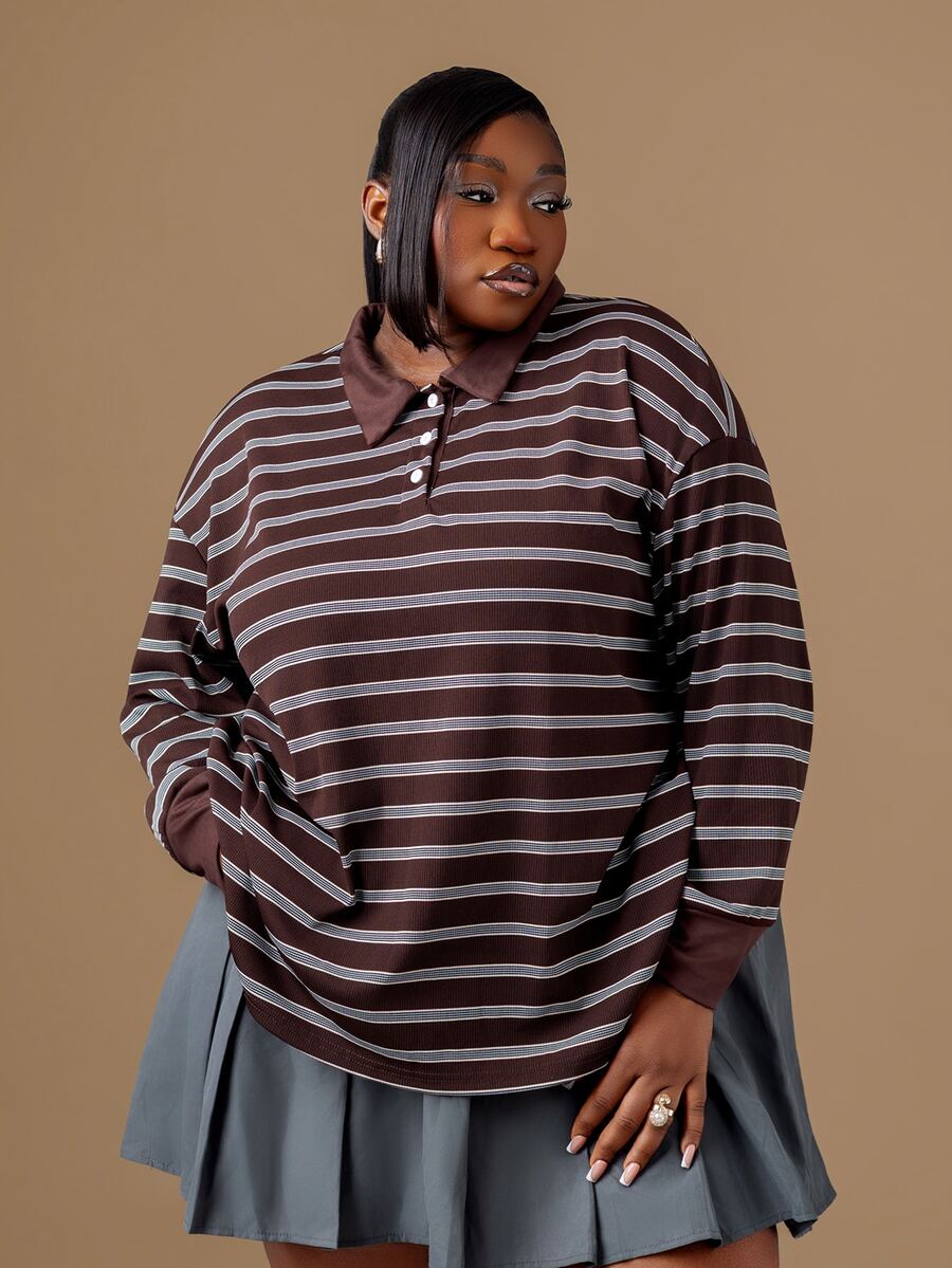 CurvyTilda Plus Size Casual Loose Striped Long Sleeve T-Shirt, Spring/Autumn Preppy Tops Striped Shirt Coffee Shirt Brown Shirts For Women Fall - Multicolor - View 1