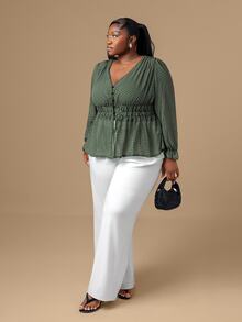 CurvyTilda Plus Size Women's Olive Green Polka Dot Chiffon Blouse,Elegant Everyday Waist Ruffle Floral Trim Design For Autumn,Prom,Party,Wedding,Date,Graduation - Army Green - View 3