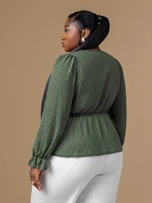 CurvyTilda Plus Size Women's Olive Green Polka Dot Chiffon Blouse,Elegant Everyday Waist Ruffle Floral Trim Design For Autumn,Prom,Party,Wedding,Date,Graduation - Army Green - View 4