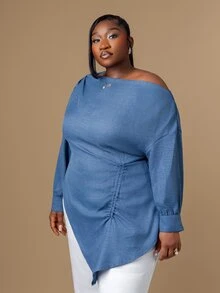 CurvyTilda 女款大尺碼優雅藍色秋冬上衣，純色不對稱領長袖側抽繩抓皺梭織手帕下擺時尚上衣 - 藍色 - 查看 4