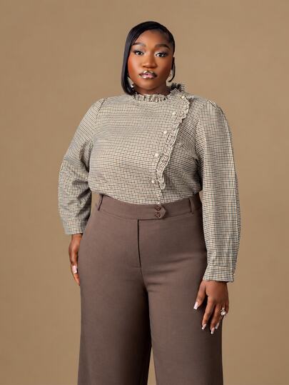 CurvyTilda Plus Size Plaid Woven Blouse,Long Sleeve Ruffles Stand Collar Checkered Top,Elegant Black And White Gingham Autumn Office Back-To-School Women Tops