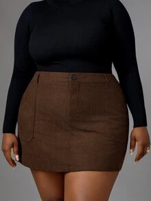 CurvyTilda Plus Size Corduroy A-Line Zipper Pocket Decorated Midi Skirt Fall - Coffee Brown - View 2