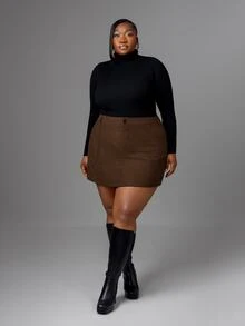 CurvyTilda Plus Size Corduroy A-Line Zipper Pocket Decorated Midi Skirt Fall - Coffee Brown - View 3