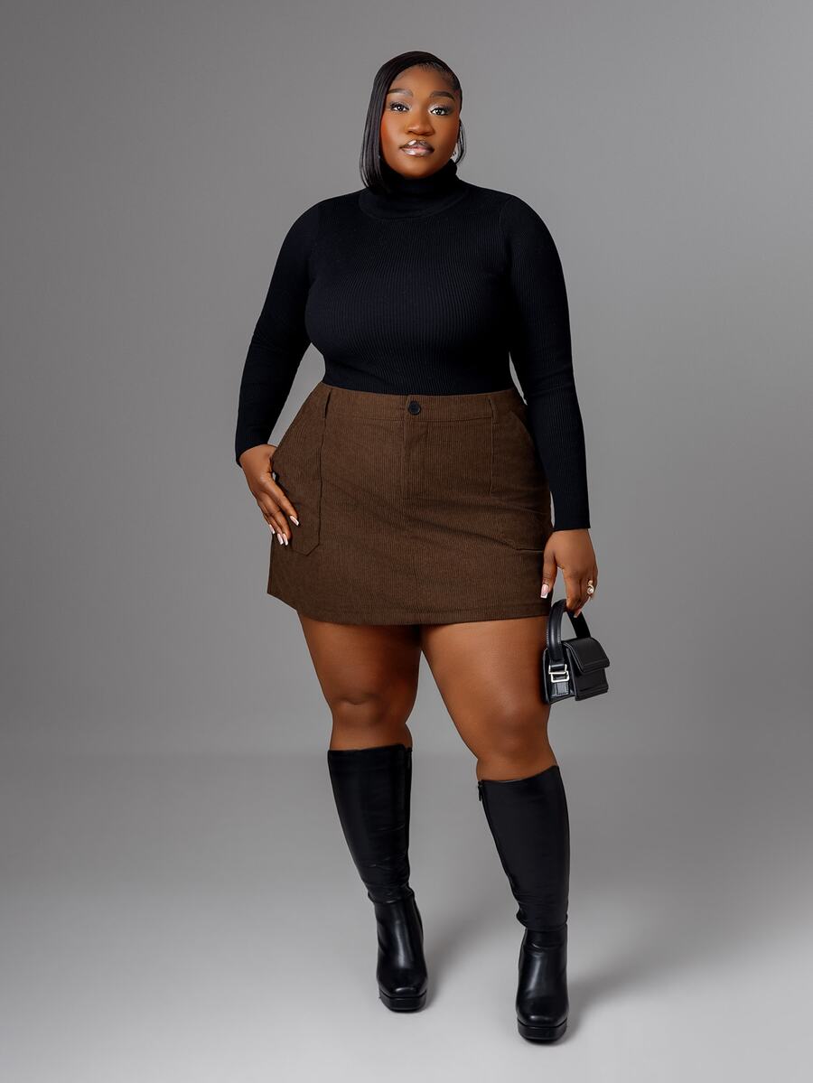CurvyTilda Plus Size Corduroy A-Line Zipper Pocket Decorated Midi Skirt Fall - Coffee Brown - View 1