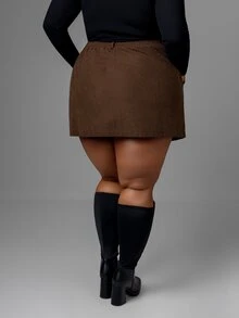 CurvyTilda Plus Size Corduroy A-Line Zipper Pocket Decorated Midi Skirt Fall - Coffee Brown - View 4
