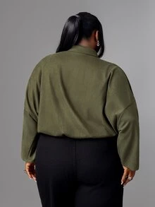 CurvyTilda معطف أخضر فضفاض بلون أحادي للمرأة، ملابس موسمية للربيع والخريف والشتاء للمقاسات الكبيرة - أخضر عسكري - مشاهدة 5