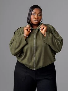 CurvyTilda معطف أخضر فضفاض بلون أحادي للمرأة، ملابس موسمية للربيع والخريف والشتاء للمقاسات الكبيرة - أخضر عسكري - مشاهدة 1