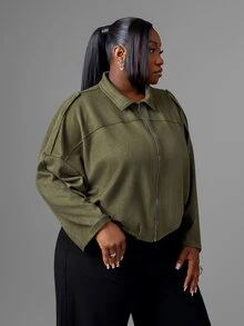 CurvyTilda معطف أخضر فضفاض بلون أحادي للمرأة، ملابس موسمية للربيع والخريف والشتاء للمقاسات الكبيرة - أخضر عسكري - مشاهدة 3