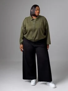 CurvyTilda معطف أخضر فضفاض بلون أحادي للمرأة، ملابس موسمية للربيع والخريف والشتاء للمقاسات الكبيرة - أخضر عسكري - مشاهدة 2