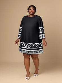 CurvyTilda Plus Size Black Print Summer Holiday Dress For Women Women's Plus Size Casual Simple Dress, Suitable For Summer Fall - Black and White - View 2