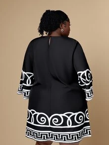 CurvyTilda Plus Size Black Print Summer Holiday Dress For Women Women's Plus Size Casual Simple Dress, Suitable For Summer Fall - Black and White - View 3