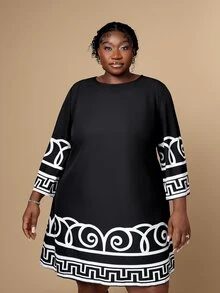 CurvyTilda Plus Size Black Print Summer Holiday Dress For Women Women's Plus Size Casual Simple Dress, Suitable For Summer Fall - Black and White - View 1