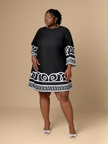 CurvyTilda Plus Size Black Print Summer Holiday Dress For Women Women's Plus Size Casual Simple Dress, Suitable For Summer Fall - Black and White - View 4