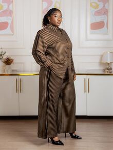 CurvyTilda 2pcs Women Striped Casual Loose Blouse And Printed Pants Set, Commuting Style, Autumn/Winter Fall - Brown - View 5
