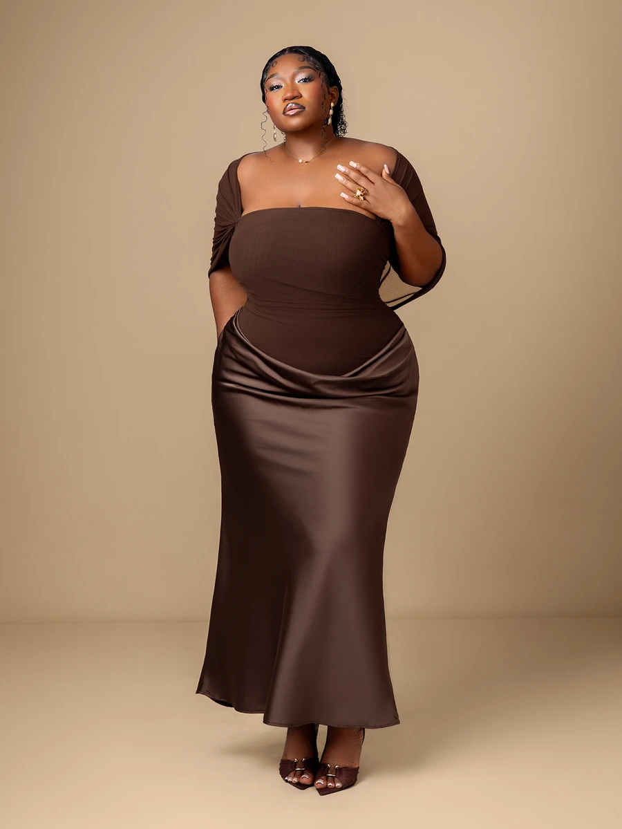CurvyTilda Plus Size Spring/Summer Solid Color Shawl Wrap Fitted Mesh & Satin Elegant Formal Dress , Brunch Dress, Wedding Guest ,Brown Cocktail Dress Birthday - Brown - View 1