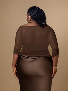 CurvyTilda Plus Size Spring/Summer Solid Color Shawl Wrap Fitted Mesh & Satin Elegant Formal Dress , Brunch Dress, Wedding Guest ,Brown Cocktail  Dress Birthday - Brown - View 4
