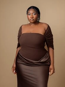 CurvyTilda Plus Size Spring/Summer Solid Color Shawl Wrap Fitted Mesh & Satin Elegant Formal Dress , Brunch Dress, Wedding Guest ,Brown Cocktail  Dress Birthday - Brown - View 5