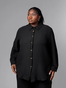 CurvyTilda Plus Pocket Front Drop Shoulder Shirt & Wide Leg Pants Fall Cloth For Women - Black - View 1
