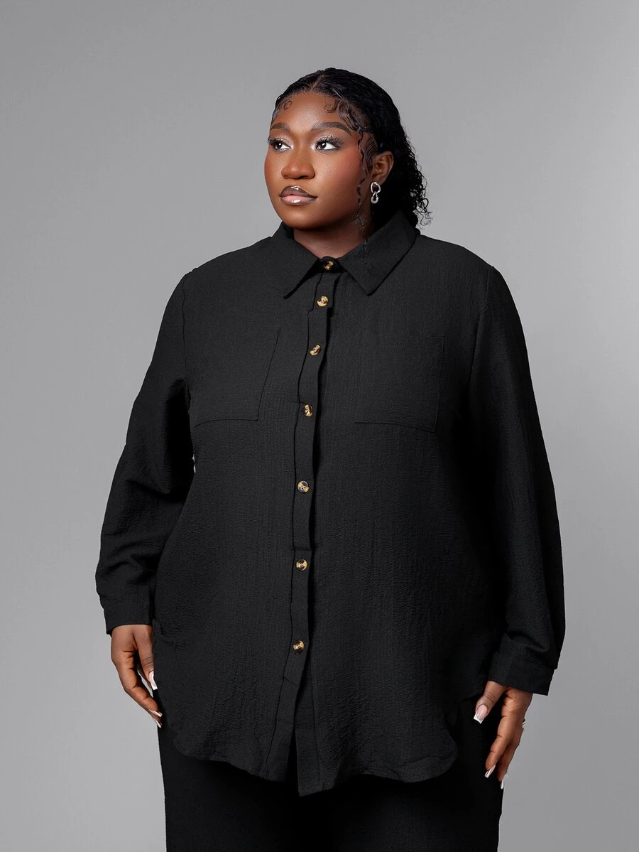 CurvyTilda Plus Pocket Front Drop Shoulder Shirt & Wide Leg Pants Fall Cloth For Women - Black - View 1