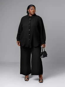 CurvyTilda Plus Pocket Front Drop Shoulder Shirt & Wide Leg Pants Fall Cloth For Women - Black - View 2