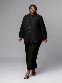 CurvyTilda Plus Pocket Front Drop Shoulder Shirt & Wide Leg Pants Fall Cloth For Women - Black - View 3