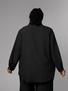 CurvyTilda Plus Pocket Front Drop Shoulder Shirt & Wide Leg Pants Fall Cloth For Women - Black - View 4