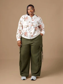CurvyTilda 大码女式纯色纽扣工装休闲阔腿裤，日常百搭 - 軍綠色 - 查看 1