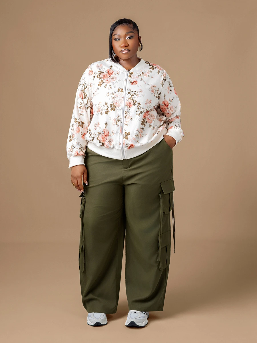 CurvyTilda 大码女式纯色纽扣工装休闲阔腿裤,日常百搭 - 軍綠色 - 查看 1