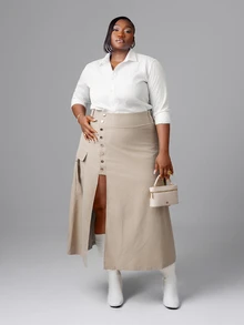 CurvyTilda 大码 A 字形开叉下摆休闲通勤长款工装裙，秋冬 - 卡其色 - 查看 1