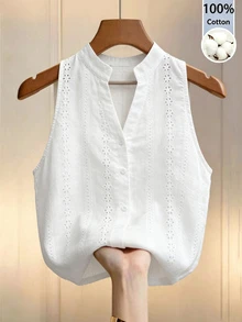 Omancia Women's Elegant Embroidered Hollow Out Blouse, Summer - White - View 4