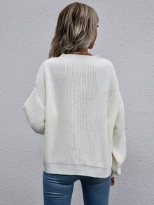 Omancia Drop Shoulder Ribbed Knit Sweater,Long Sleeve Tops Knit Pullover Fall Winter - White - View 2