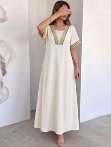 Mulvari V領刺繡蕾絲2合1寬鬆顯瘦喇叭裙優雅杏色女裝，適合派對、約會之夜、特殊場合與晚宴活動 - 杏色 - 查看 1