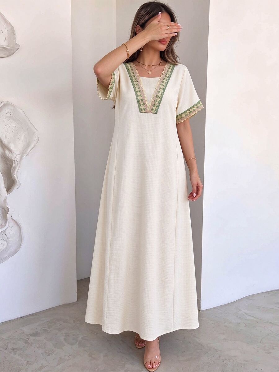 Mulvari V領刺繡蕾絲2合1寬鬆顯瘦喇叭裙優雅杏色女裝,適合派對、約會之夜、特殊場合與晚宴活動 - 杏色 - 查看 1